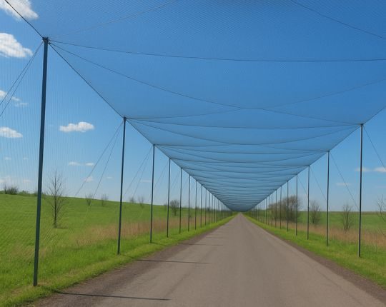 Overhead anti-drone netting strung along poles over an open road