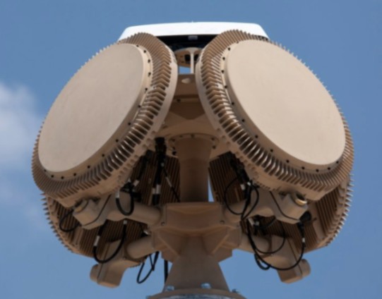 A dual-dish tactical radar antenna mounted against the sky