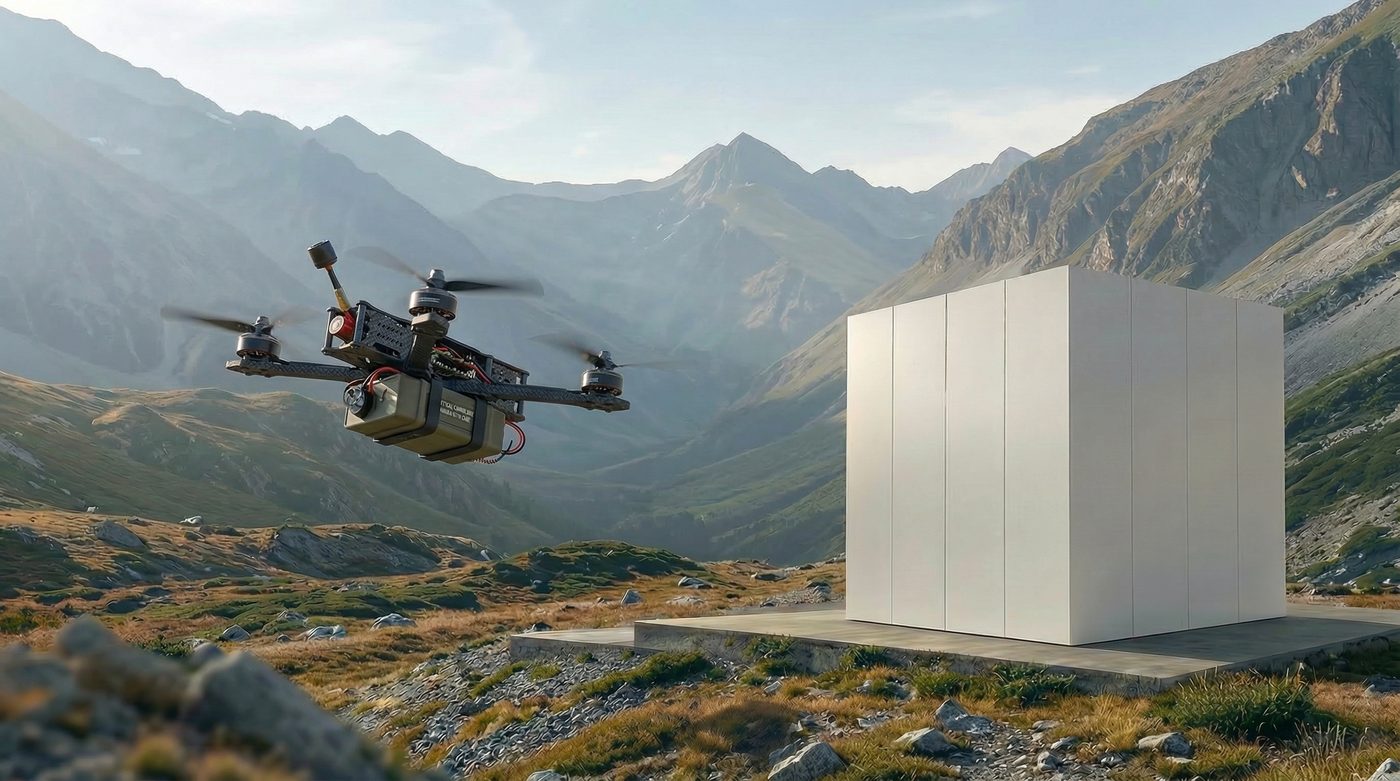 An armed drone approaching a ClearShield enclosure protecting an installation in mountainous terrain