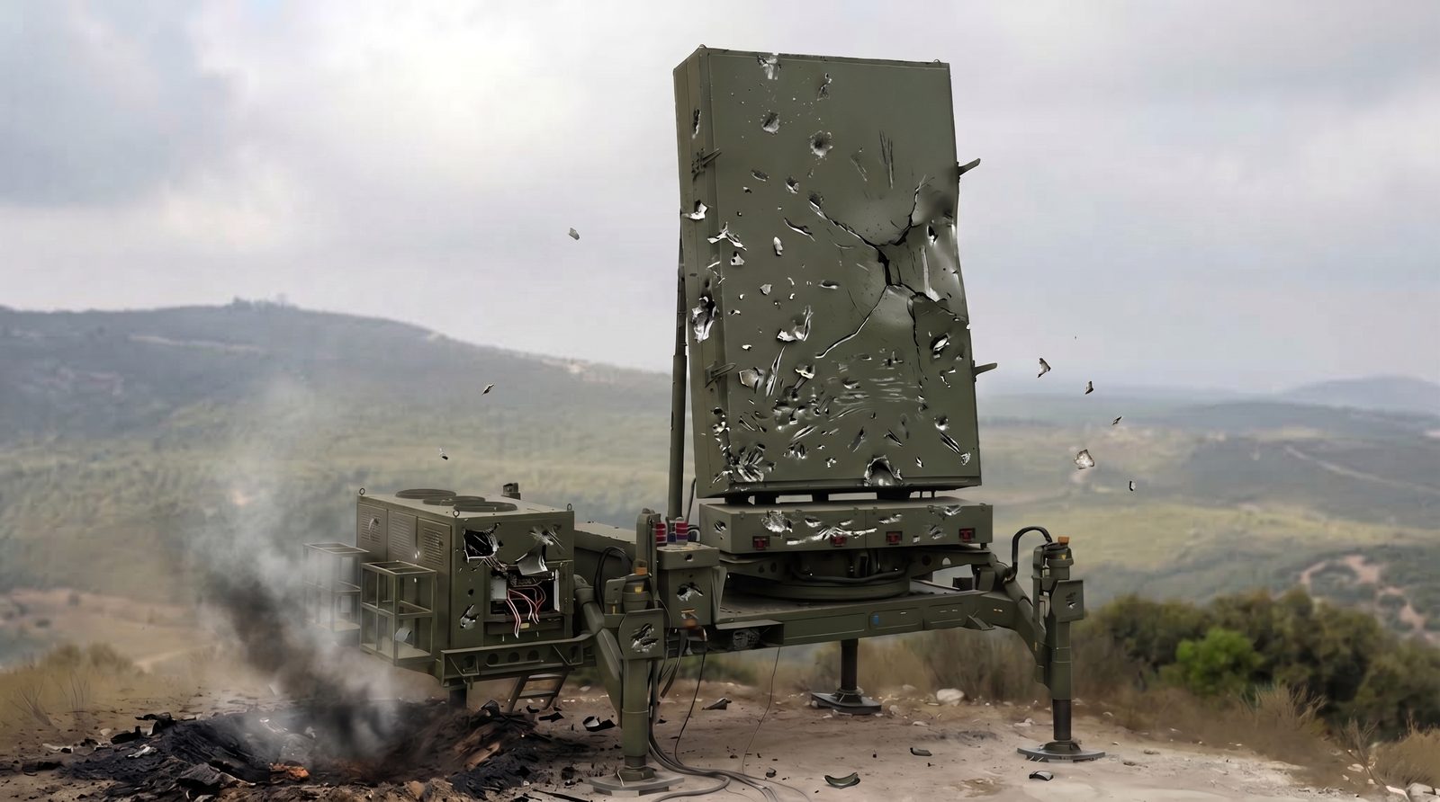 An unprotected radar array riddled with shrapnel damage after an attack