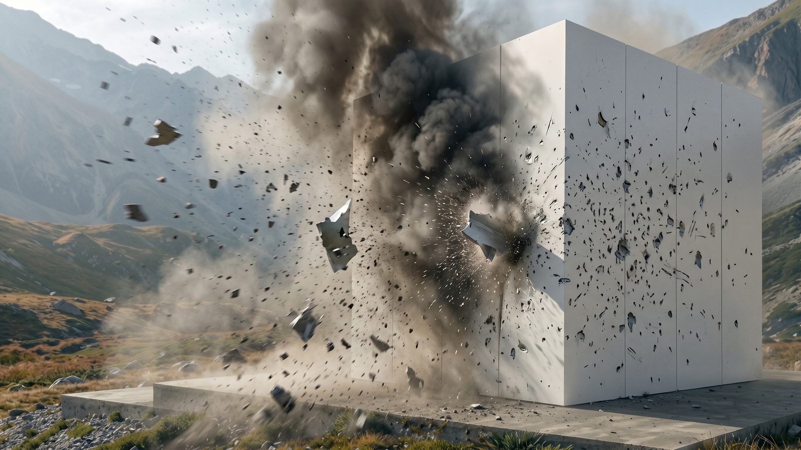 Simulated render of a ClearShield enclosure absorbing a blast and shrapnel impact