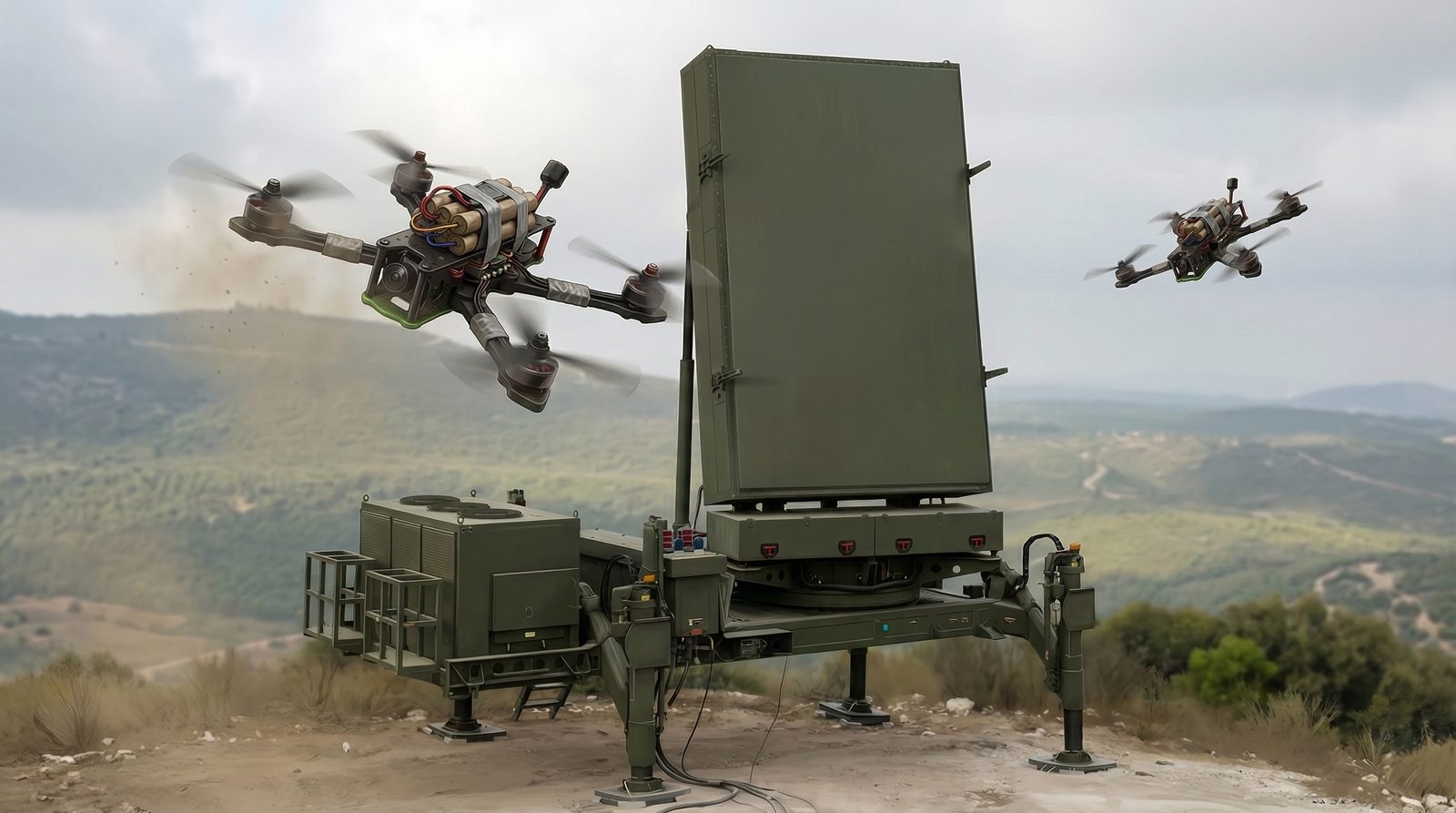 Two armed drones closing in on an unprotected mobile radar array in open terrain
