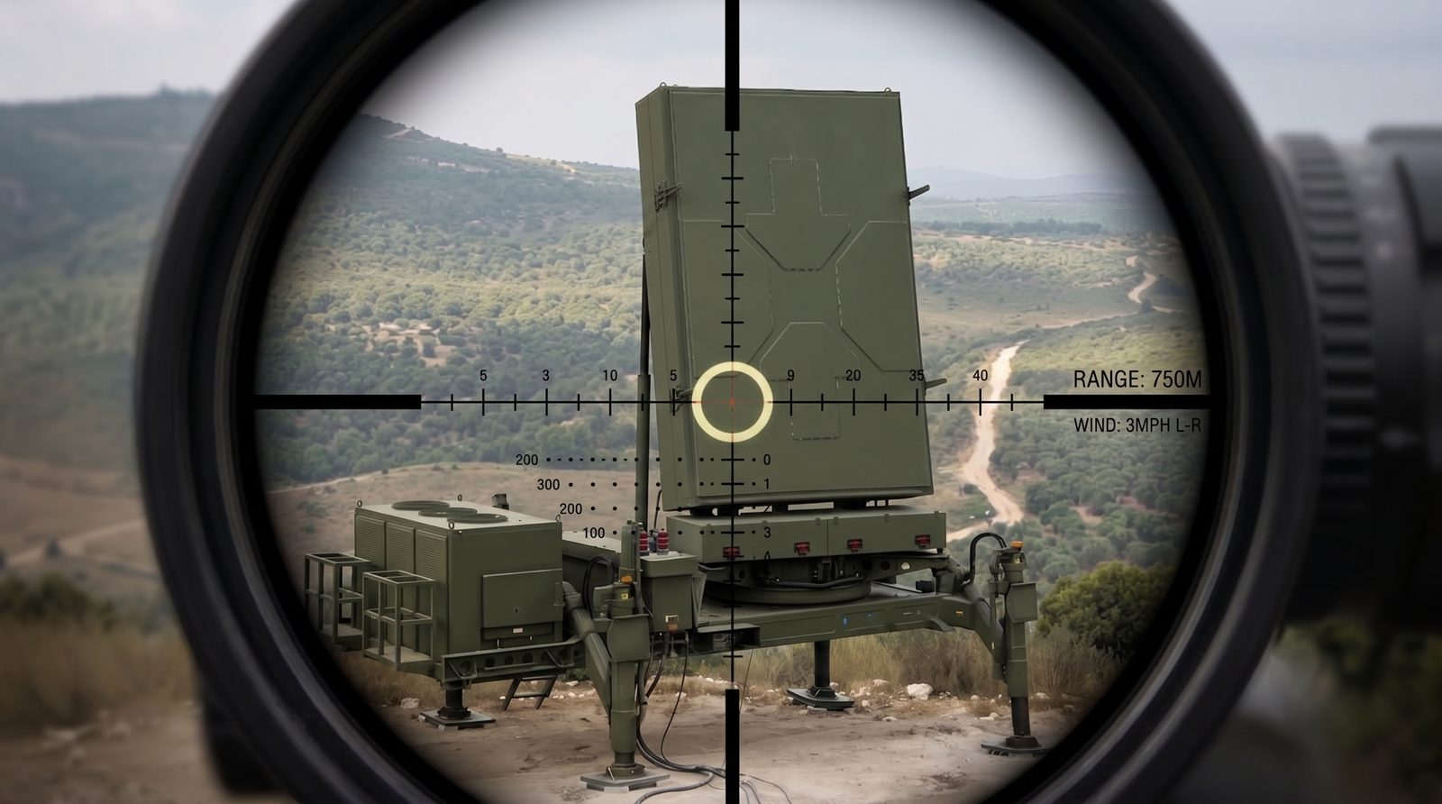 A sniper's scope reticle aimed at an unprotected radar array