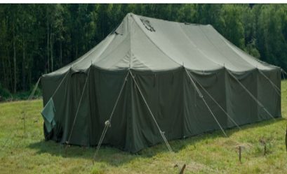 A field encampment tent used as a temporary gathering point
