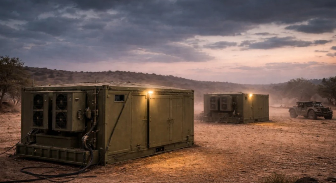 Deployable mobile command center shelters in the field at dusk, with a support vehicle nearby
